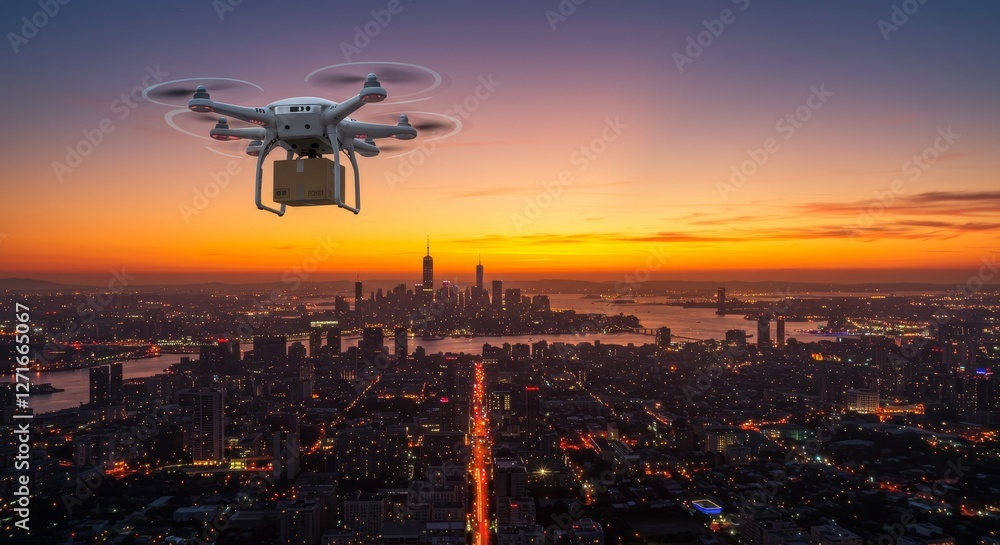 Drone Delivery Over Cityscape at Sunset - A drone carrying a package flies over a city at sunset. Modern technology meets urban landscape Drone Delivery Over Cityscape at Sunset - A drone carrying a package flies over a city at sunset. Modern technology meets urban landscape