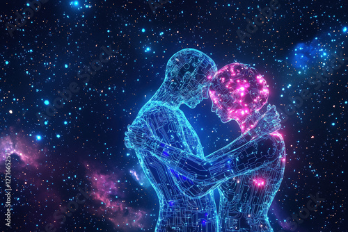 Futuristic Digital Couple Embrace in Space Cyber Love Connection Relationship Network Technology