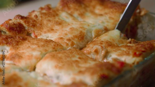 Close up of a cutting delicious lasagna