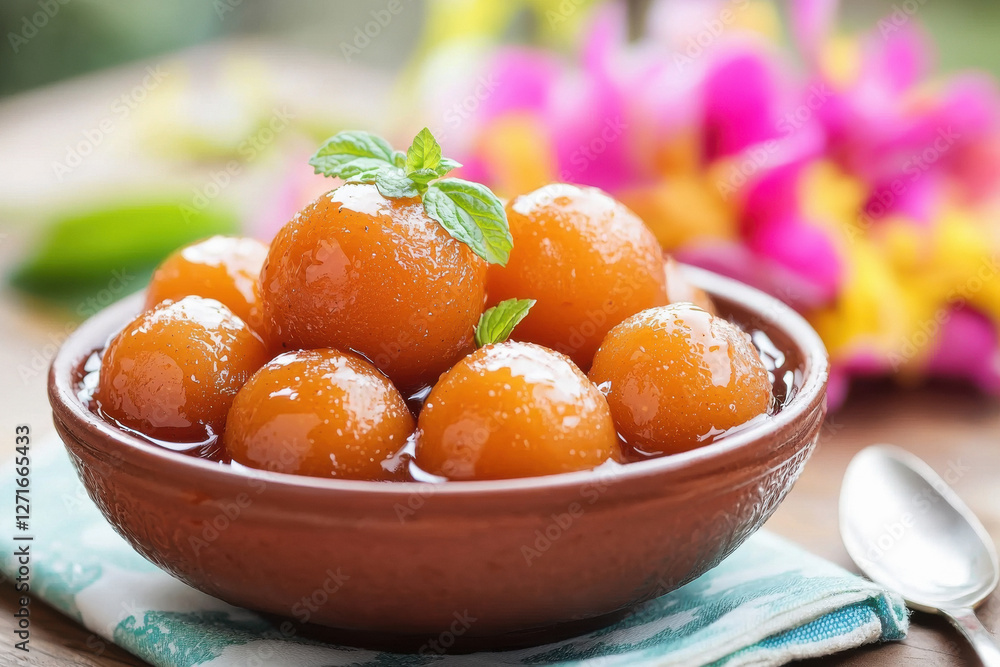 traditional Indian dessert of gulab jamun served in a bowl traditional Indian dessert of gulab jamun served in a bowl