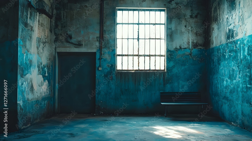 A room with a blue wall and a bench A room with a blue wall and a bench