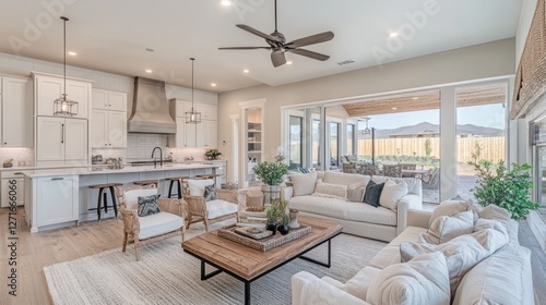 Bright, airy open-plan living room and kitchen with large sliding glass doors leading to a patio.