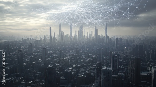 Futuristic city skyline with network overlay. Aerial view. Stock photo photo