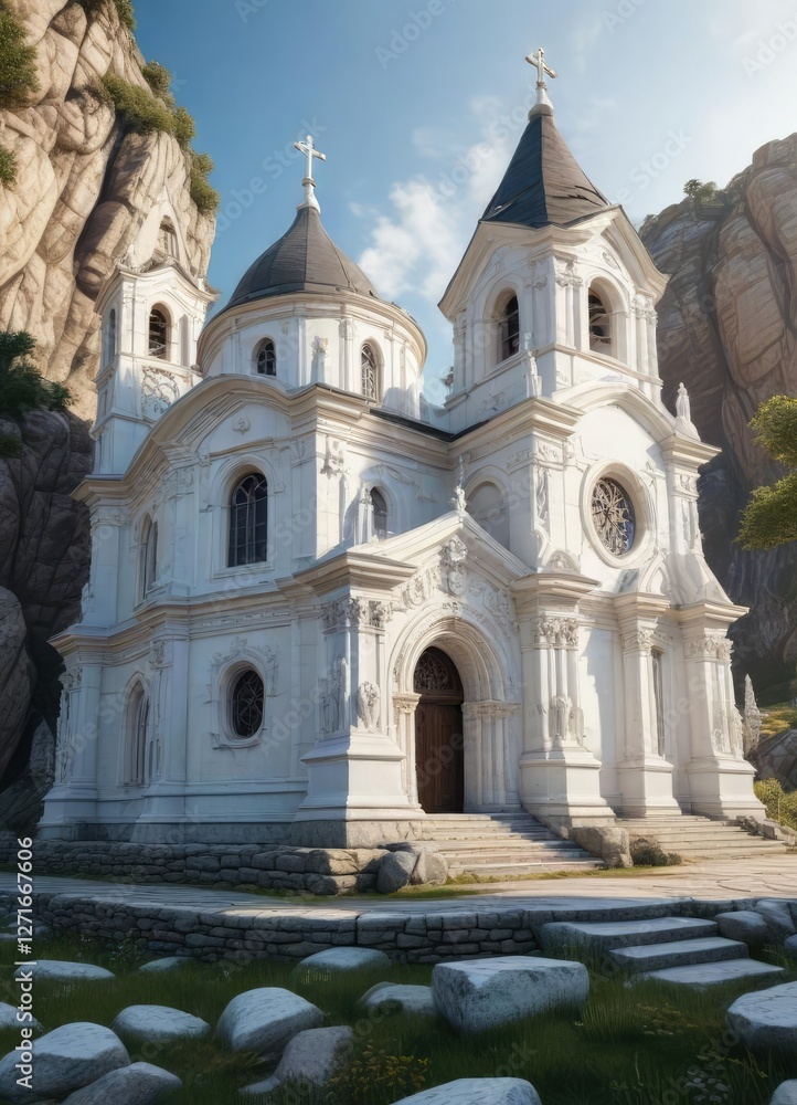 Obraz premium The white church's intricate stone architecture blends seamlessly into the surrounding landscape, Algarve, village