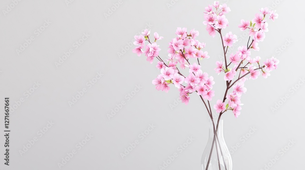 Fototapeta premium Pink Cherry Blossoms in a Clear Glass Vase Against a White Background