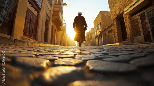 Low angle view capturing a cobblestone street as a Muslim man walks towards the setting sun, embodying a serene journey through an old town