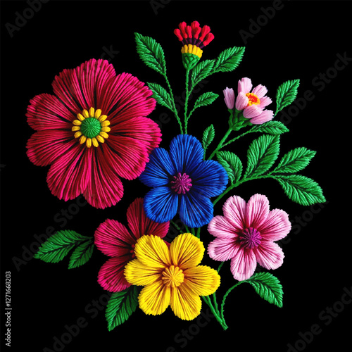 Vector traditional hungarian embroidery. Bright floral ornament on black background