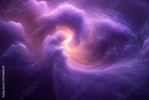 Swirling cosmic clouds of purple and orange hues create a mesmerizing galactic scene