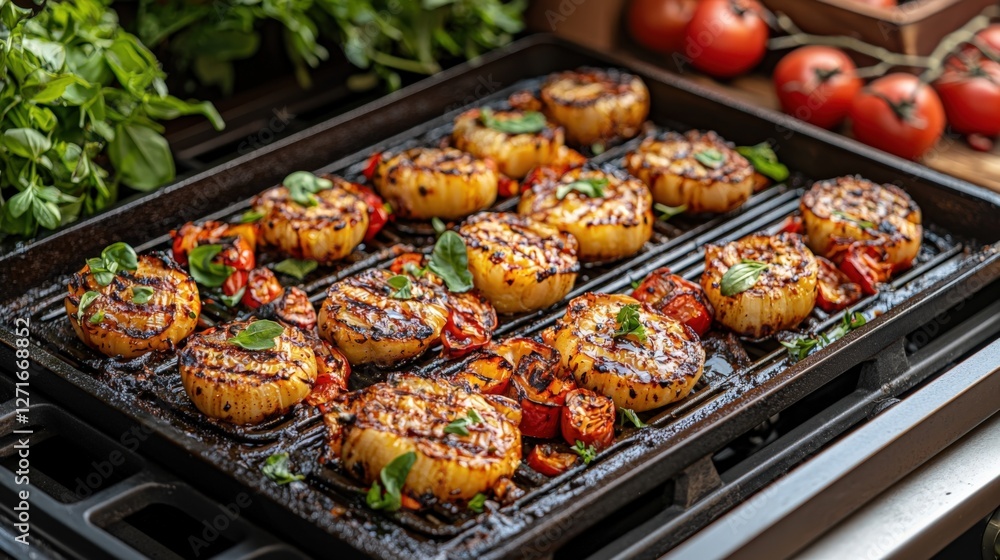 Grilled Vegetables Platter with Fresh Herbs on a Rustic Grill Grilled Vegetables Platter with Fresh Herbs on a Rustic Grill