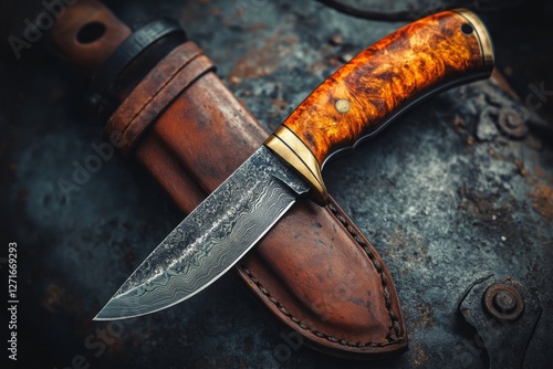 Beautiful hunting knife with a damascus steel blade and wooden handle displayed on a worn leather sheath photo