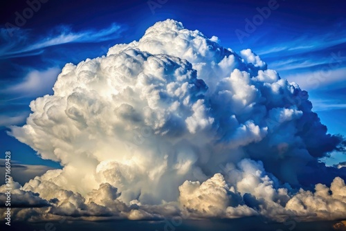 Towering thunderhead clouds with flat bases and towering vertical growth, against a deep blue background with lightning illuminated, tower, vertical