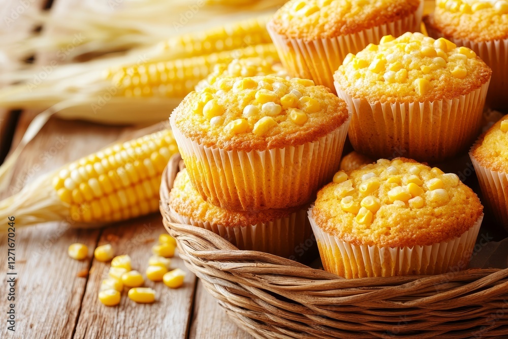 Fototapeta premium Freshly Baked Corn Muffins in a Woven Basket on Wooden Table