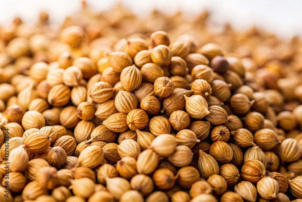 Cilantro Seeds Macro Photography: Close-up of Aromatic Coriander Seeds on White Background Cilantro Seeds Macro Photography: Close-up of Aromatic Coriander Seeds on White Background