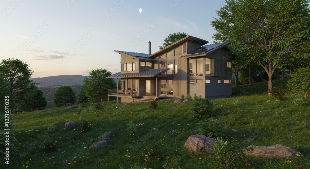 Hilltop Modern House Design - Modern, sustainable home on a lush hillside, symbolizing tranquility, eco-friendliness, luxury, spaciousness, and a peaceful retreat Hilltop Modern House Design - Modern, sustainable home on a lush hillside, symbolizing tranquility, eco-friendliness, luxury, spaciousness, and a peaceful retreat