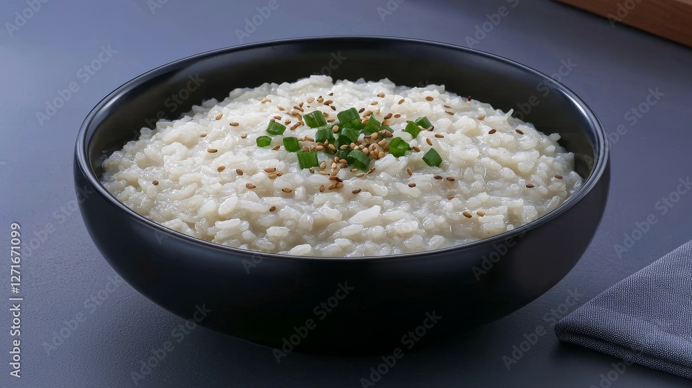 Famous Food of Korean concept. Creamy rice bowl topped with herbs and spices on a dark background. Famous Food of Korean concept. Creamy rice bowl topped with herbs and spices on a dark background.