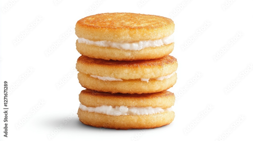 A stack of Kanom Krok pancakes, highlighting their golden texture and creamy coconut filling, isolated against a plain white background. A stack of Kanom Krok pancakes, highlighting their golden texture and creamy coconut filling, isolated against a plain white background.