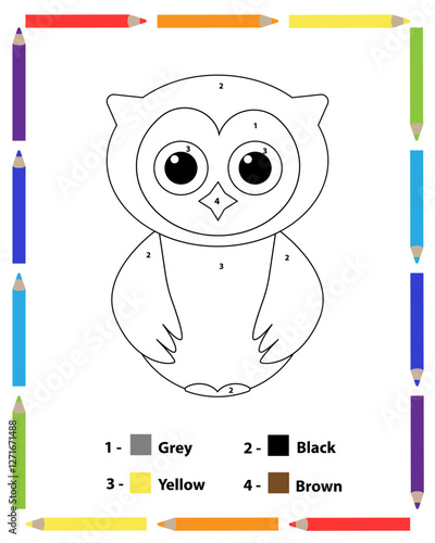 Vector coloring page. Color by numbers owl. Lesson for children education and activities