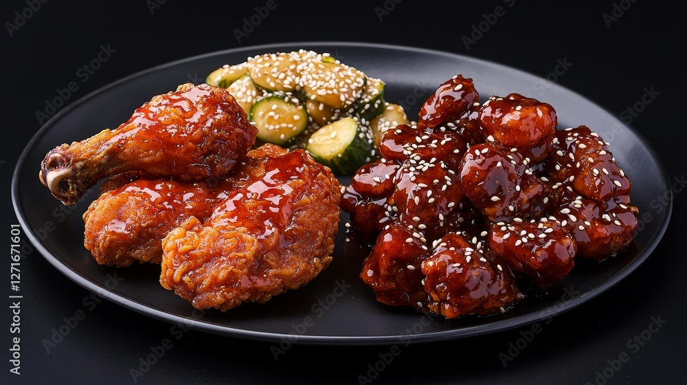 Famous Food of Korean concept. Delicious fried chicken and glazed meat with vegetables on a black plate. Famous Food of Korean concept. Delicious fried chicken and glazed meat with vegetables on a black plate.