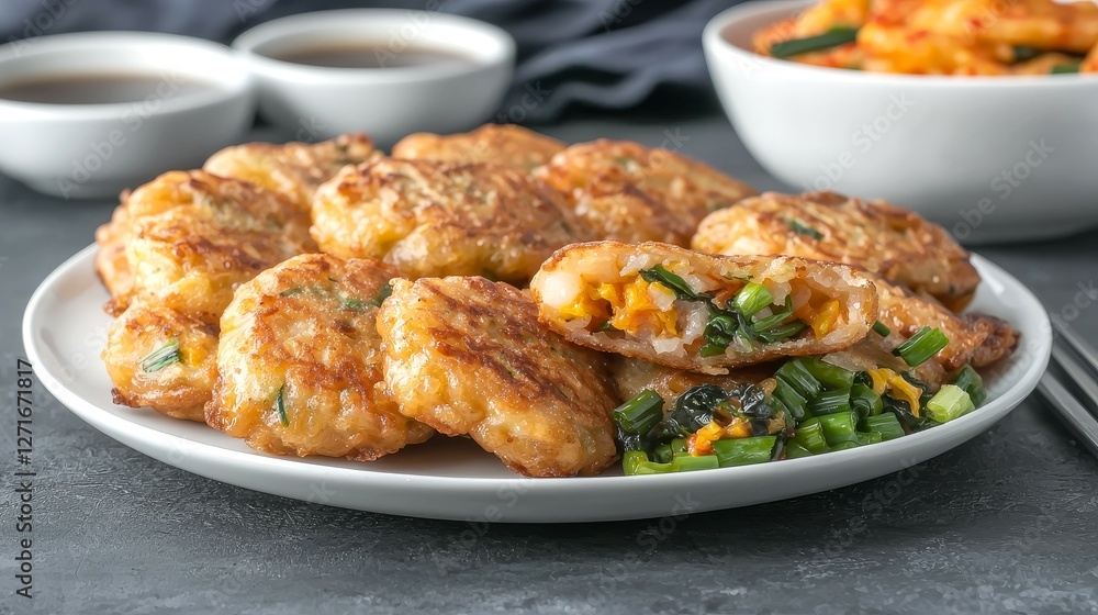 Famous Food of Korean concept. Delicious golden-brown vegetable pancakes served with dipping sauces. Famous Food of Korean concept. Delicious golden-brown vegetable pancakes served with dipping sauces.