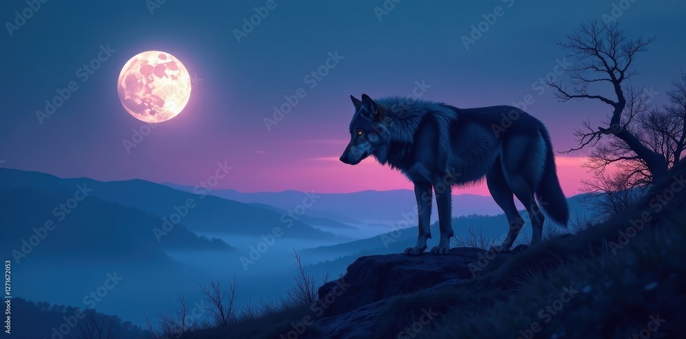 Lone Wolf Silhouetted Against a Vibrant Twilight Sky, Majestic Mountains, and a Pink Full Moon Lone Wolf Silhouetted Against a Vibrant Twilight Sky, Majestic Mountains, and a Pink Full Moon