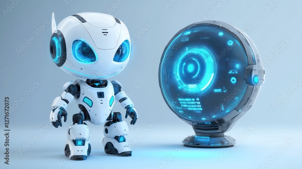 Cute white robot with futuristic display. Cute white robot with futuristic display.