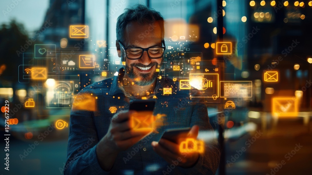 Cheerful Man in Business Casual Attire Using Smartphone Outdoors Cheerful Man in Business Casual Attire Using Smartphone Outdoors