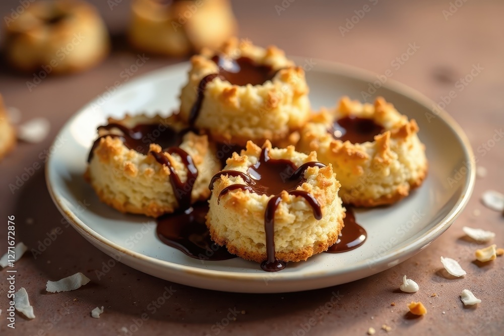 Delectable coconut macaroons adorned with rich, decadent chocolate ganache, arranged on an elegant plate, creating a visually appealing dessert presentation. Delectable coconut macaroons adorned with rich, decadent chocolate ganache, arranged on an elegant plate, creating a visually appealing dessert presentation.