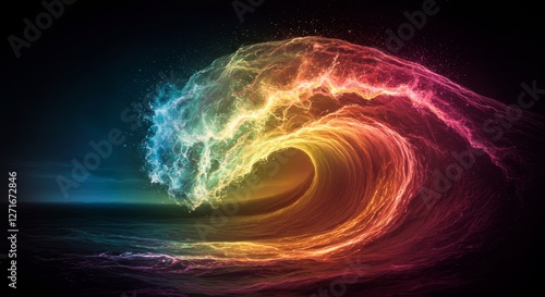 Luminous Ocean Wave - A vibrant, colorful wave glows with inner light against a dark ocean background. Perfect for abstract, nature, or energy themes photo