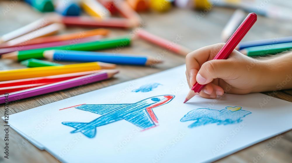 Kid drawing an airplane on a sheet of paper using colored pencils, scattered on a wooden desk Kid drawing an airplane on a sheet of paper using colored pencils, scattered on a wooden desk