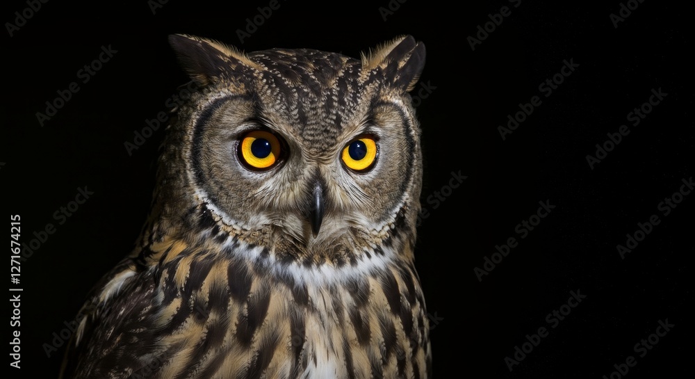 Majestic Owl Portrait - Close-up of a striking owl with bright yellow eyes, set against a solid black background. The showcases intricate feather details Majestic Owl Portrait - Close-up of a striking owl with bright yellow eyes, set against a solid black background. The showcases intricate feather details