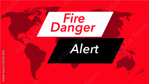 Fire Danger warning.  A television weather banner, known as an “over the shoulder”  is seen with a map of the world showing the United States. Colors are red, black and this is a vector graphic .