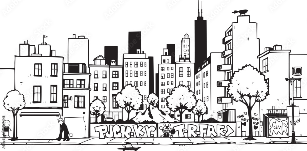 Obraz premium City landscape. Different buildings on street, outline cityscape hand sketch, flat houses. Hand drawn vector illustration