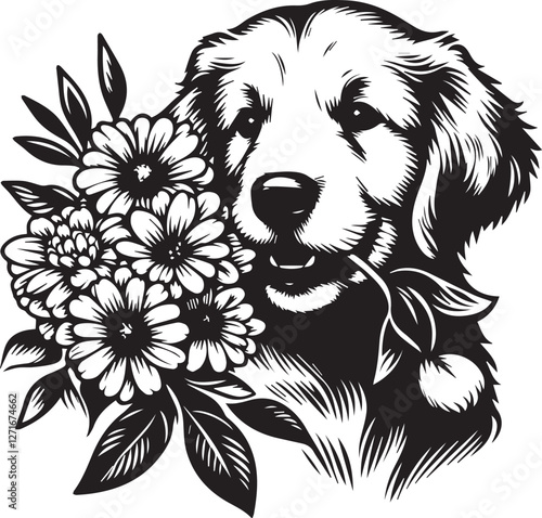 Adorable Golden Retriever Puppy with Floral Bouquet. A captivating black and white graphic illustration of a golden retriever puppy, seemingly holding a bouquet of flowers in its mouth.