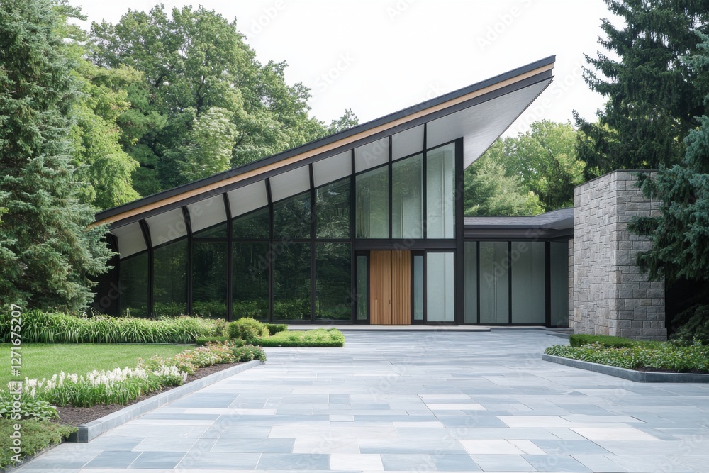 Modern architectural design features a striking slanted roof and extensive glass elements in a serene residential setting surrounded by lush greenery
