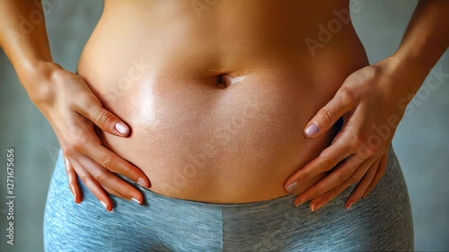 Wallpaper Mural A pregnant woman in a gray sports outfit gently touching her belly, symbolizing motherhood and prenatal care Torontodigital.ca