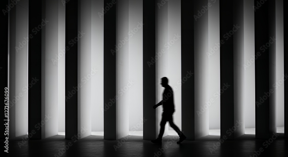 Fototapeta premium Silhouette Walking Through Abstract Columns in Black and White Architecture