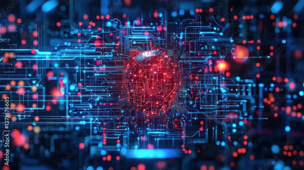 Abstract Digital Network Sphere with Glowing Red and Blue Circuitry Abstract Digital Network Sphere with Glowing Red and Blue Circuitry