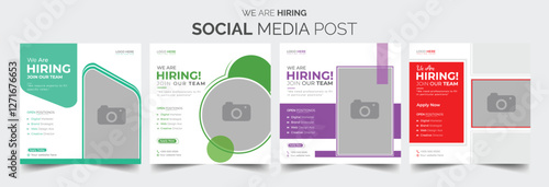 Join our team banners. We are hiring communication poster, help wanted advertising banner with speaker and vacant badge. Hr recruiting hire, vacancy job offer isolated vector signs set