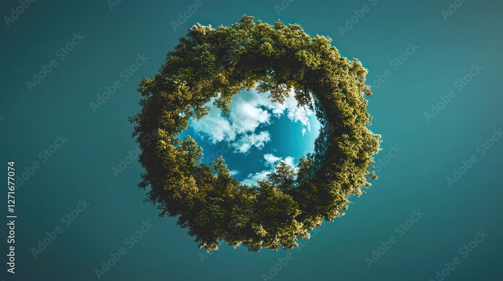 Fototapeta premium Circular Earth surrounded by trees, aerial view, blue sky