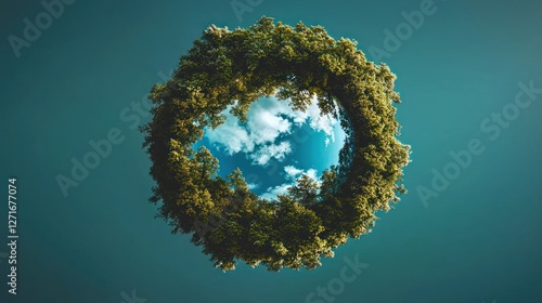 Circular Earth surrounded by trees, aerial view, blue sky photo