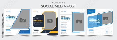 Join our team banners. We are hiring communication poster, help wanted advertising banner with speaker and vacant badge. Hr recruiting hire, vacancy job offer isolated vector signs set