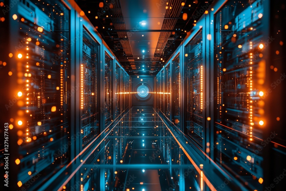 Futuristic Data Center Corridor with Illuminated Server Racks Futuristic Data Center Corridor with Illuminated Server Racks
