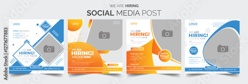 Join our team banners. We are hiring communication poster, help wanted advertising banner with speaker and vacant badge. Hr recruiting hire, vacancy job offer isolated vector signs set