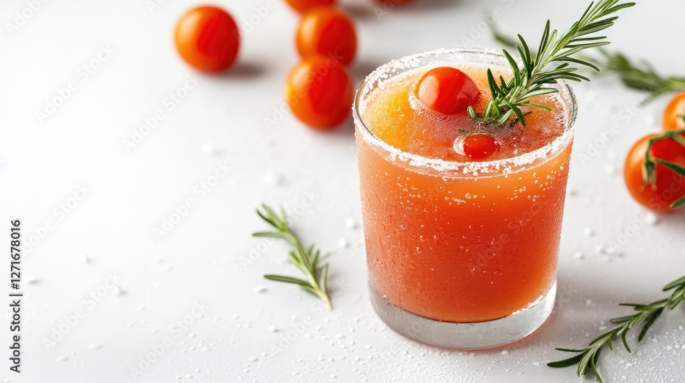 Tomato juice in a clear cup with condensation, garnished with rosemary, white background with space for text. Tomato juice in a clear cup with condensation, garnished with rosemary, white background with space for text.