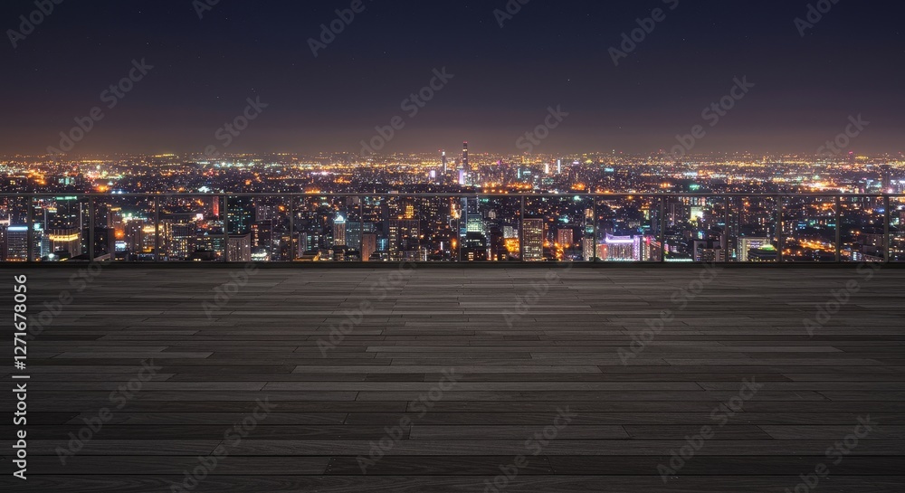 Fototapeta premium Night City Skyline Panoramic View from Wooden Terrace - Urban cityscape at night, viewed from a high vantage point. A wooden terrace provides a foreground, symbolizing peace, opportunity, perspective