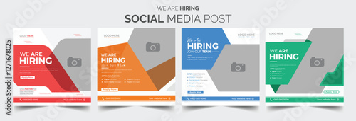Join our team banners. We are hiring communication poster, help wanted advertising banner with speaker and vacant badge. Hr recruiting hire, vacancy job offer isolated vector signs set