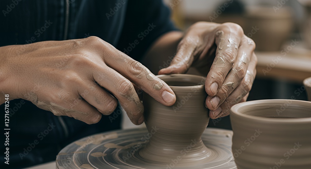 Hands Shaping Clay on Pottery Wheel Creating Artistic Ceramic Ware Hands Shaping Clay on Pottery Wheel Creating Artistic Ceramic Ware