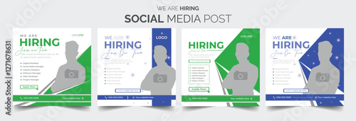 Join our team banners. We are hiring communication poster, help wanted advertising banner with speaker and vacant badge. Hr recruiting hire, vacancy job offer isolated vector signs set