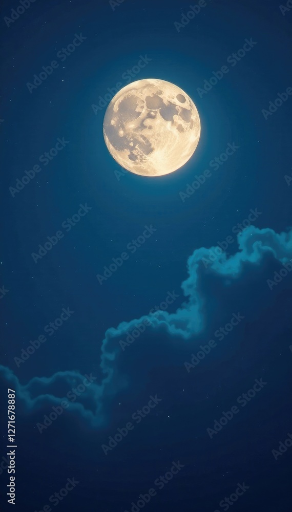 Fototapeta premium Glowing moonlight illuminates dark blue evening sky with stars, moonlight, glow