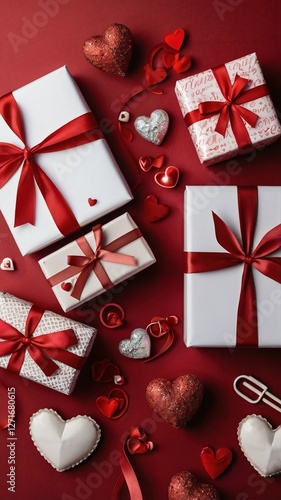 Valentine's Day gifts with red ribbons on a red background, surrounded by hearts and Cupid's arrow decorations